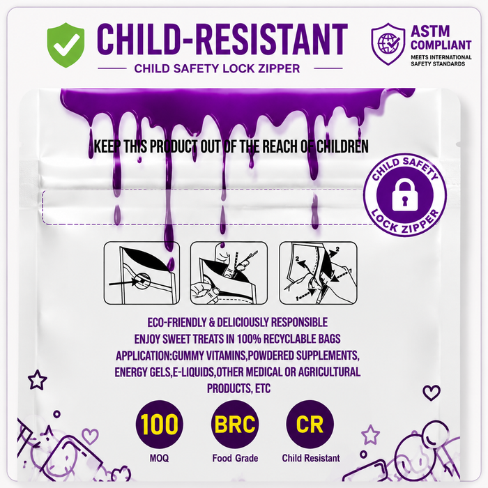 Child resistant zipper close-up on recyclable mylar packaging bag