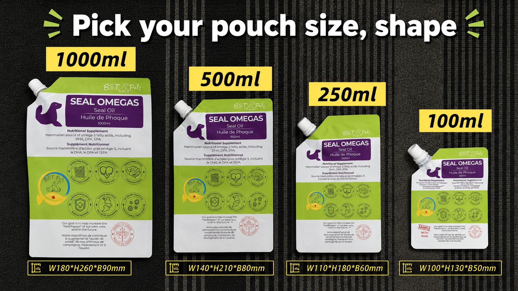 Size variations of custom printed stand up spout pouches