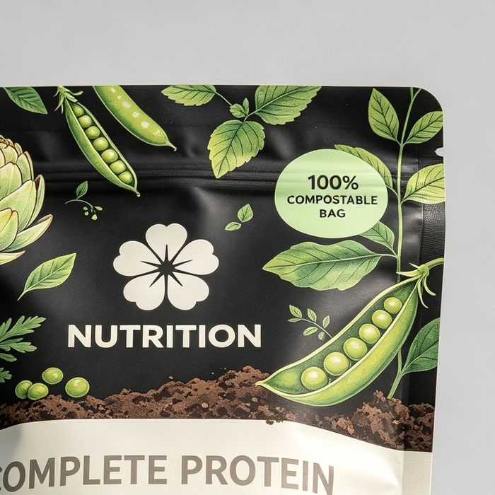 Resealable zipper detail of compostable protein powder pouch