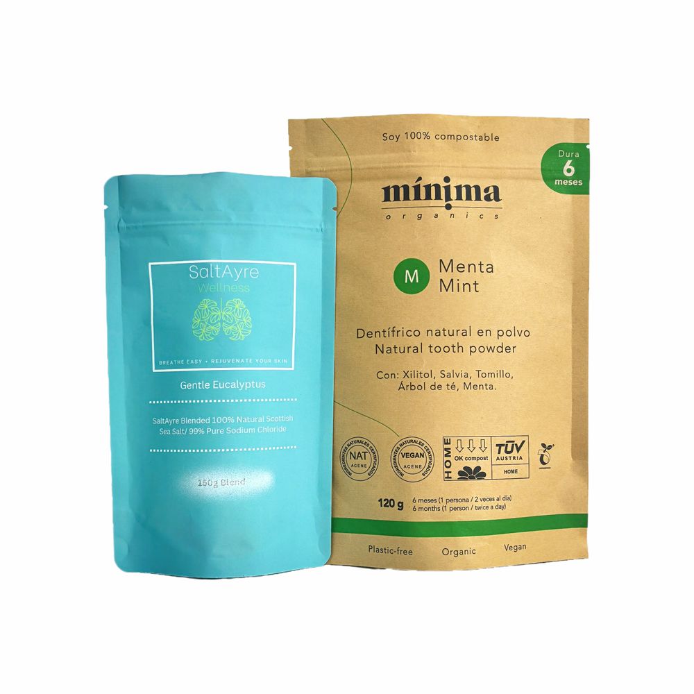 Embalagem stand-up compostável com logotipo, ecológica e sem plástico, para recarga de pó dental.