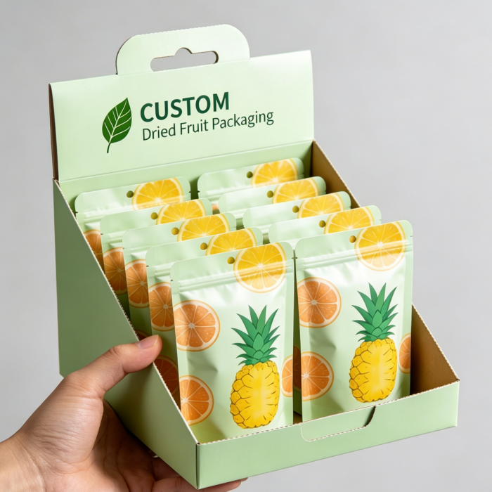 Hand holding eco kraft PDQ display box set with retail bags