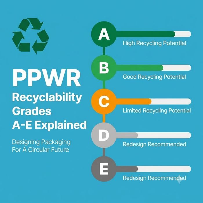 PPWR packaging recyclability grades A to E comparison