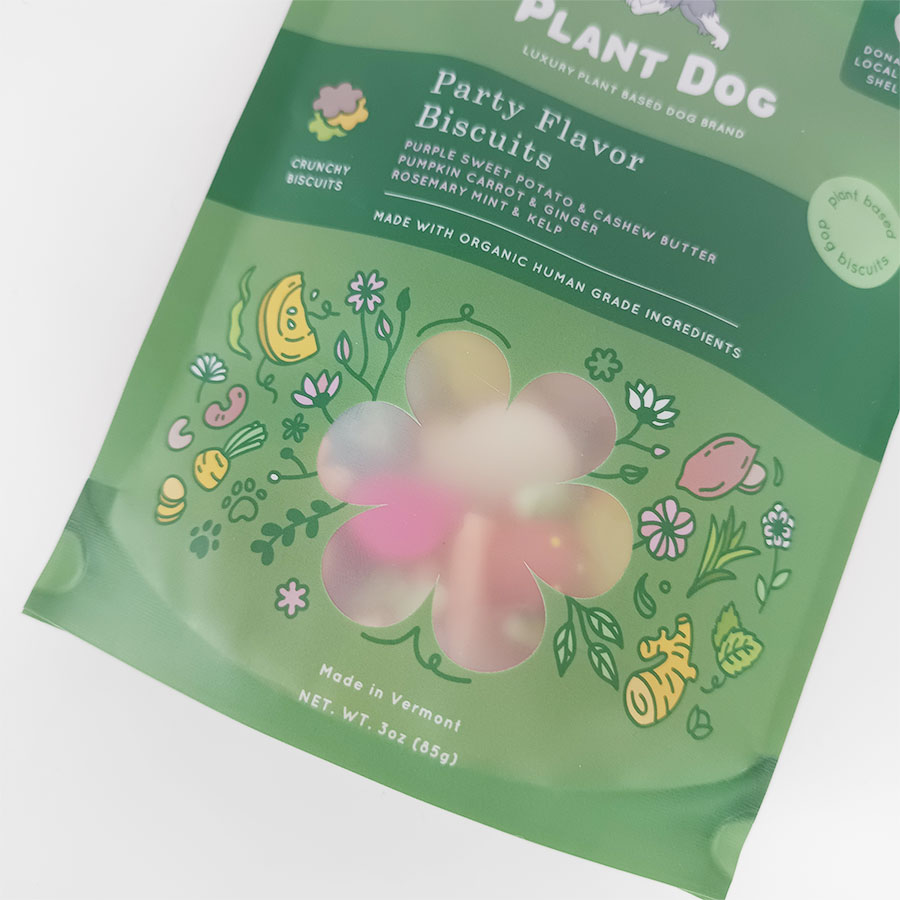 Die-cut window detail on  packaging pouch